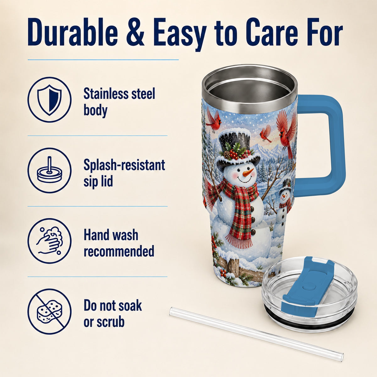 #pl[40oz|Blue] Snowman Cardinal 40oz Tumbler with Handle, Plaid Winter Stainless Steel Cup