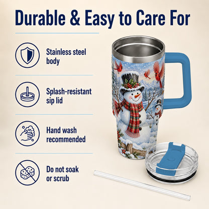 #pl[40oz|Blue] Snowman Cardinal 40oz Tumbler with Handle, Plaid Winter Stainless Steel Cup