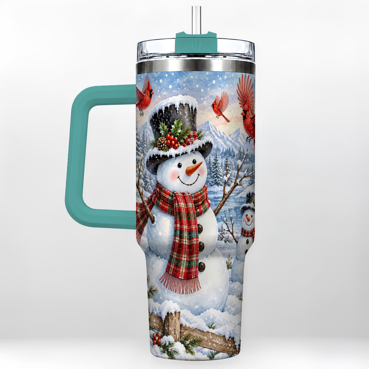 #pl[40oz|Green] Snowman Cardinal 40oz Tumbler with Handle, Plaid Winter Stainless Steel Cup