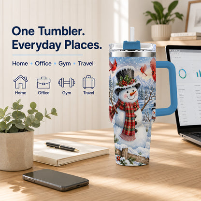 #pl[40oz|Blue] Snowman Cardinal 40oz Tumbler with Handle, Plaid Winter Stainless Steel Cup