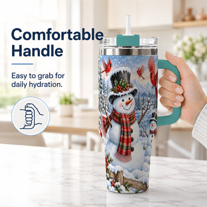 #pl[40oz|Green] Snowman Cardinal 40oz Tumbler with Handle, Plaid Winter Stainless Steel Cup