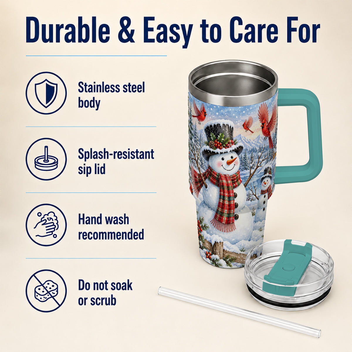 #pl[40oz|Green] Snowman Cardinal 40oz Tumbler with Handle, Plaid Winter Stainless Steel Cup
