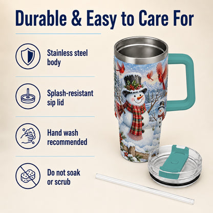 #pl[40oz|Green] Snowman Cardinal 40oz Tumbler with Handle, Plaid Winter Stainless Steel Cup
