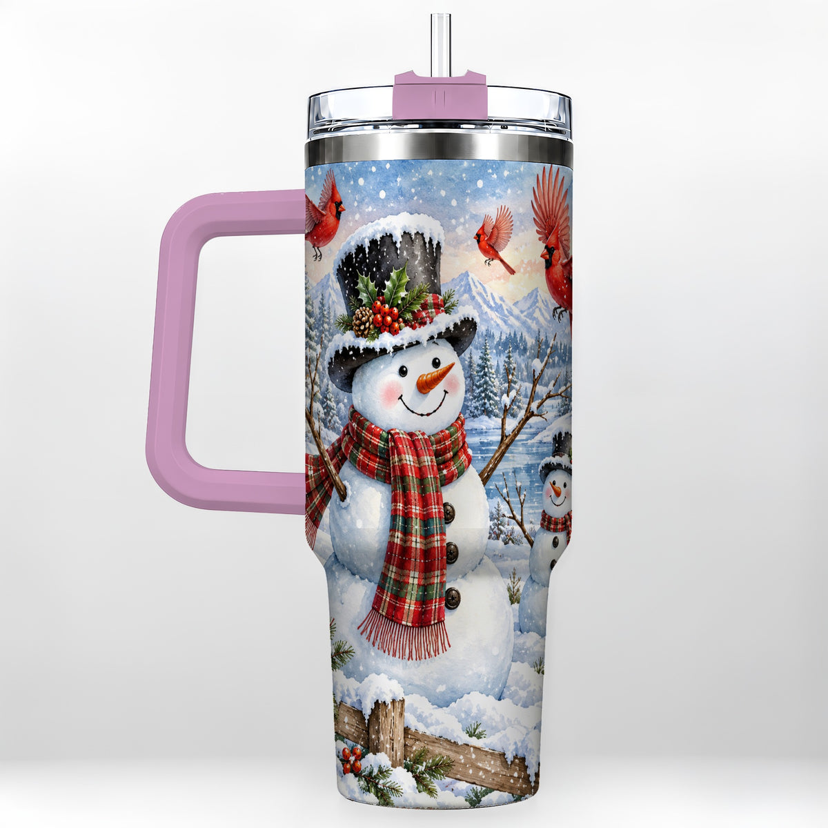 #pl[40oz|Pink] Snowman Cardinal 40oz Tumbler with Handle, Plaid Winter Stainless Steel Cup