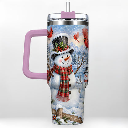 #pl[40oz|Pink] Snowman Cardinal 40oz Tumbler with Handle, Plaid Winter Stainless Steel Cup