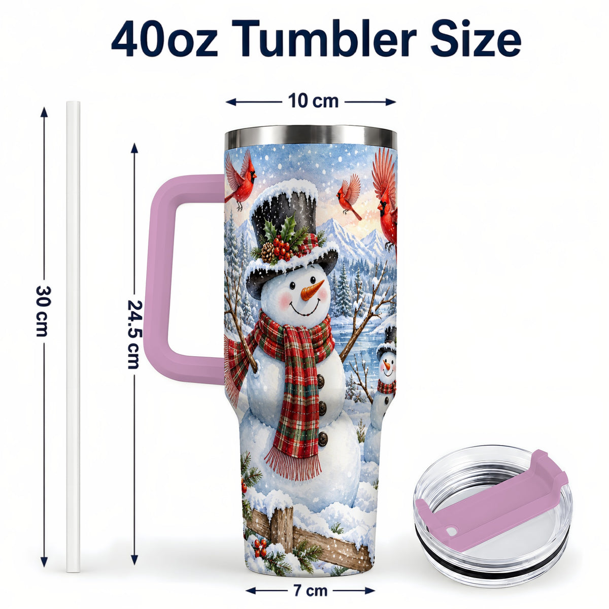 #pl[40oz|Pink] Snowman Cardinal 40oz Tumbler with Handle, Plaid Winter Stainless Steel Cup