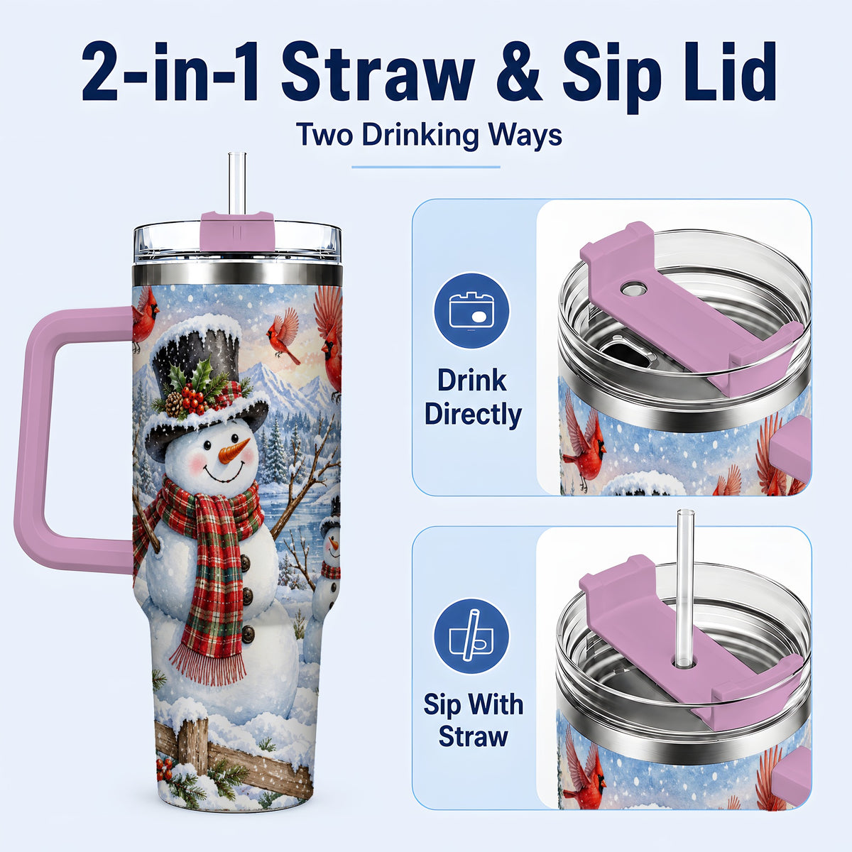 #pl[40oz|Pink] Snowman Cardinal 40oz Tumbler with Handle, Plaid Winter Stainless Steel Cup