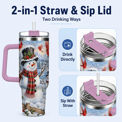 #pl[40oz|Pink] Snowman Cardinal 40oz Tumbler with Handle, Plaid Winter Stainless Steel Cup