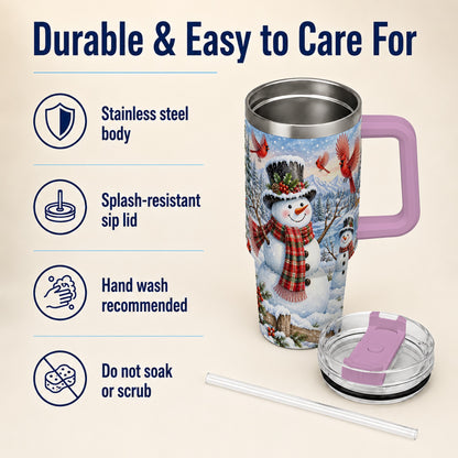 #pl[40oz|Pink] Snowman Cardinal 40oz Tumbler with Handle, Plaid Winter Stainless Steel Cup