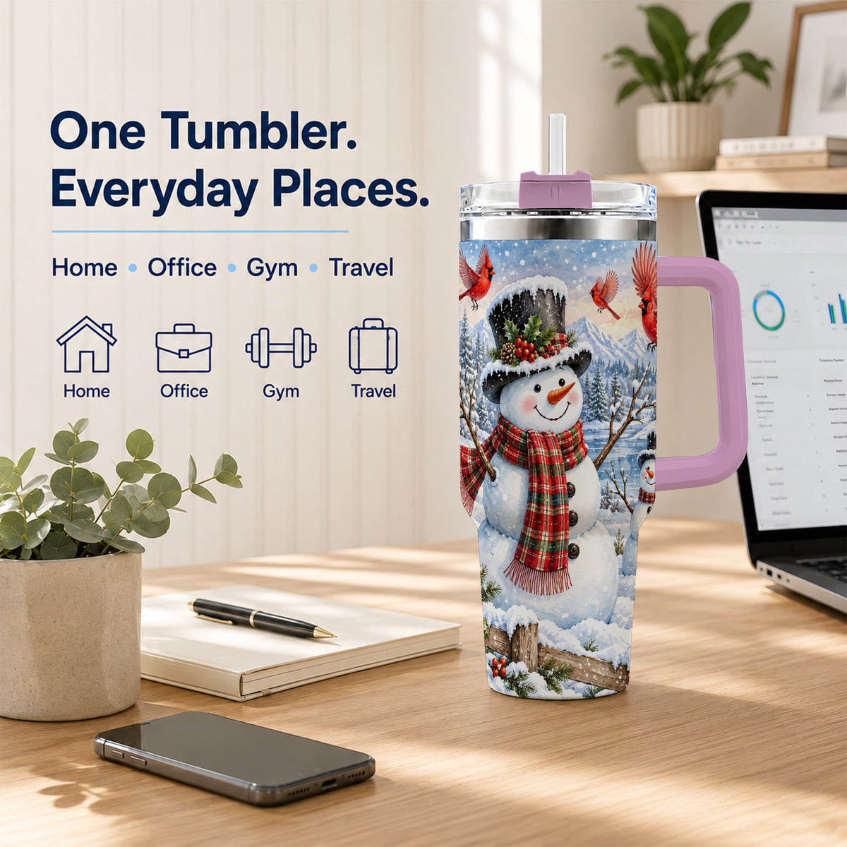 #pl[40oz|Pink] Snowman Cardinal 40oz Tumbler with Handle, Plaid Winter Stainless Steel Cup