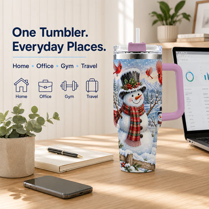 #pl[40oz|Pink] Snowman Cardinal 40oz Tumbler with Handle, Plaid Winter Stainless Steel Cup