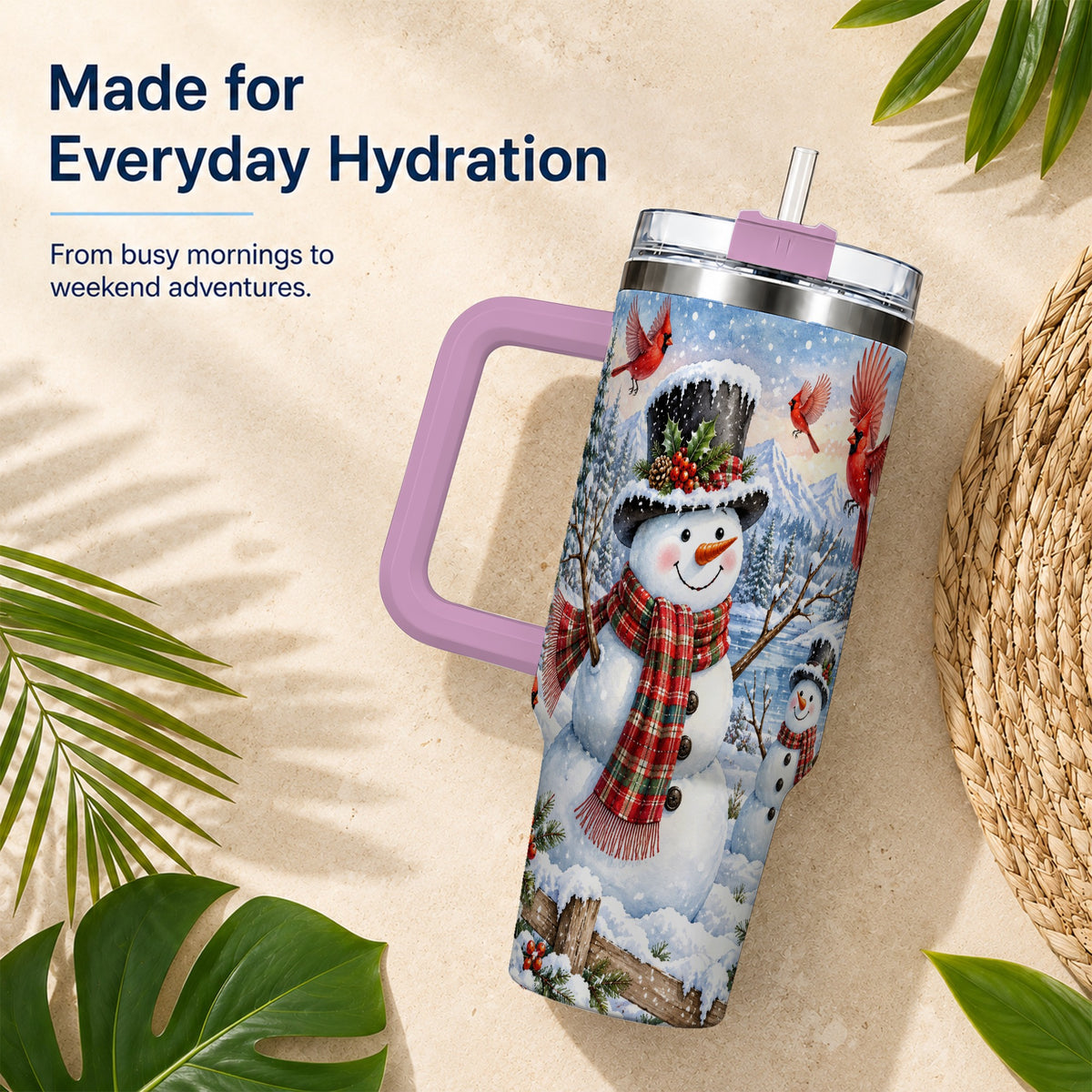#pl[40oz|Pink] Snowman Cardinal 40oz Tumbler with Handle, Plaid Winter Stainless Steel Cup