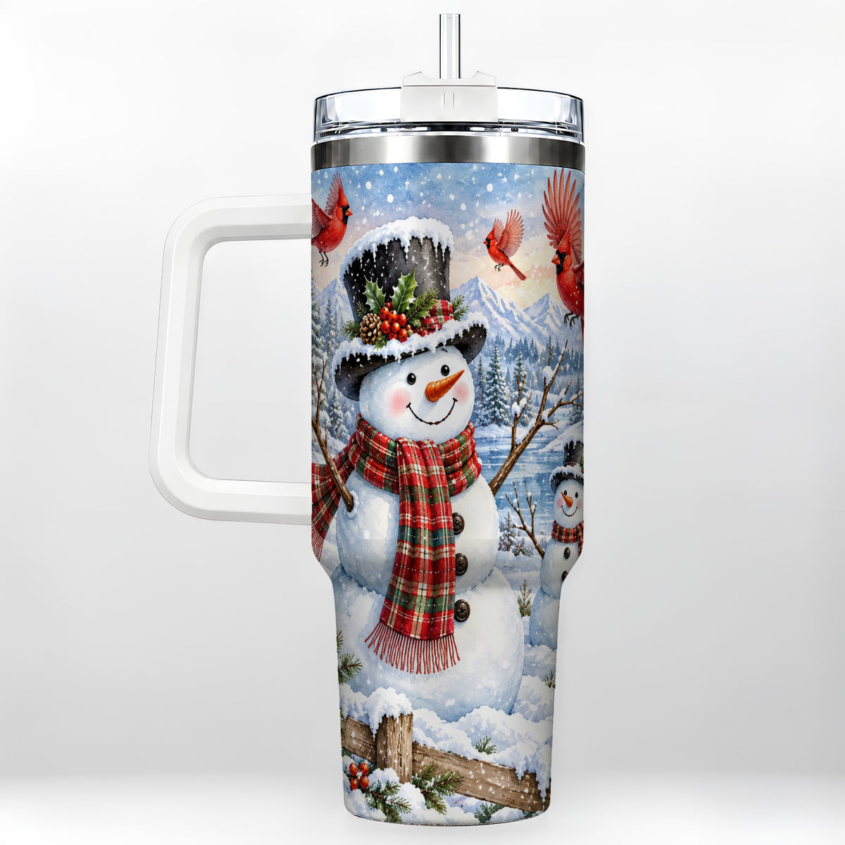Snowman Cardinal 40oz Tumbler with Handle, Plaid Winter Stainless Steel Cup