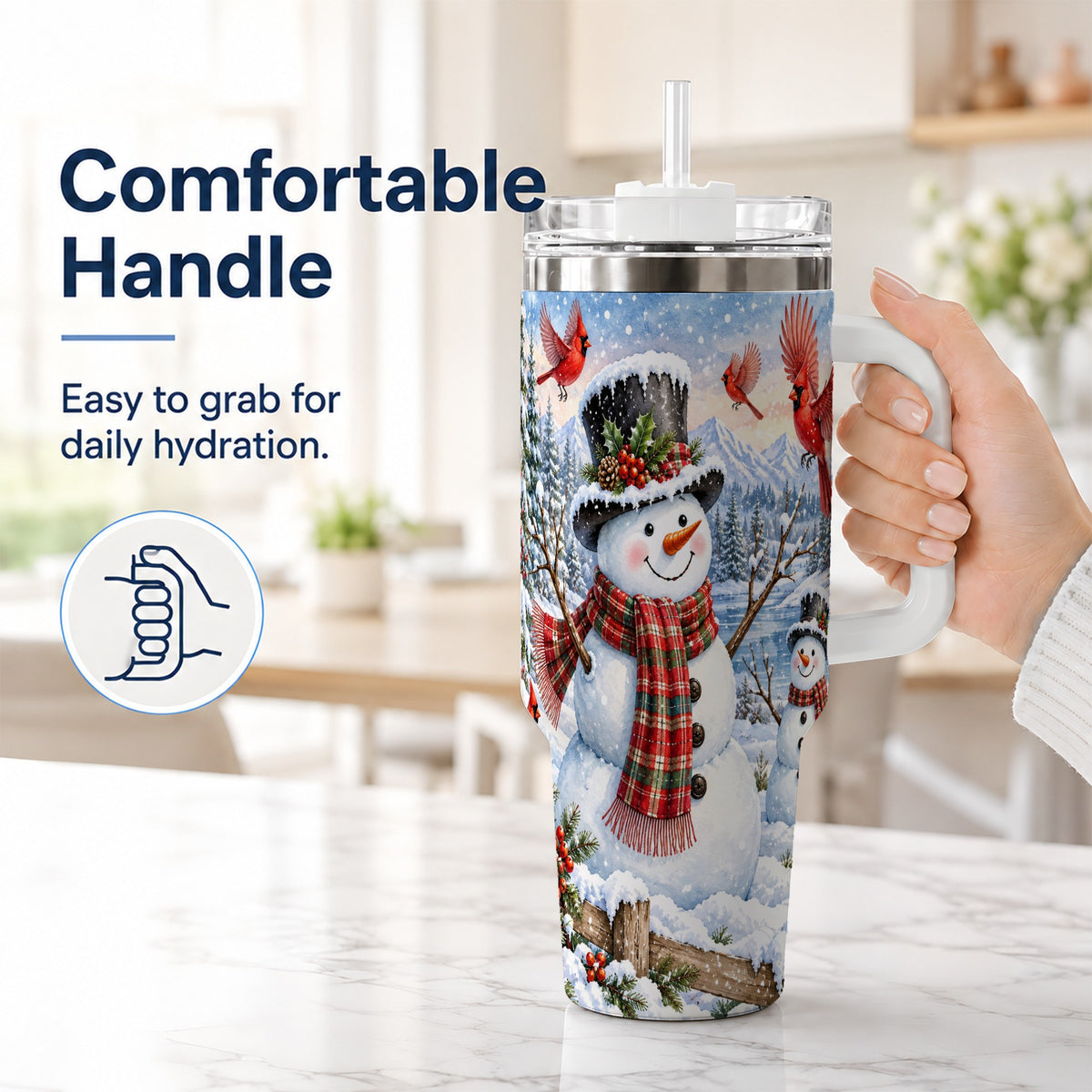 #pl[40oz|White] Snowman Cardinal 40oz Tumbler with Handle, Plaid Winter Stainless Steel Cup