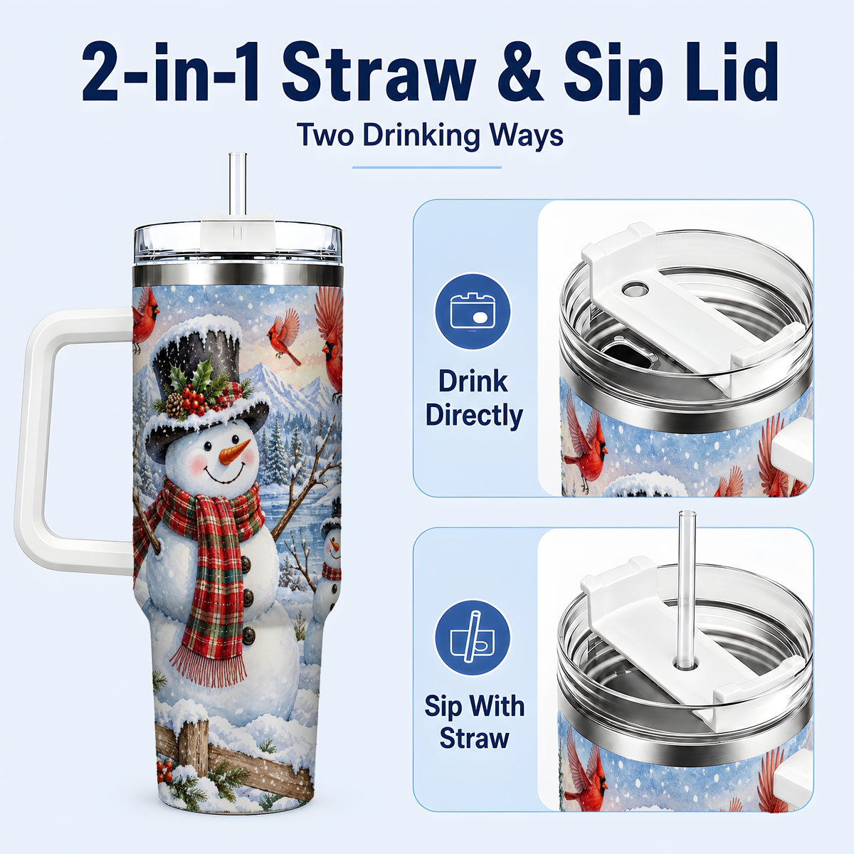 #pl[40oz|White] Snowman Cardinal 40oz Tumbler with Handle, Plaid Winter Stainless Steel Cup