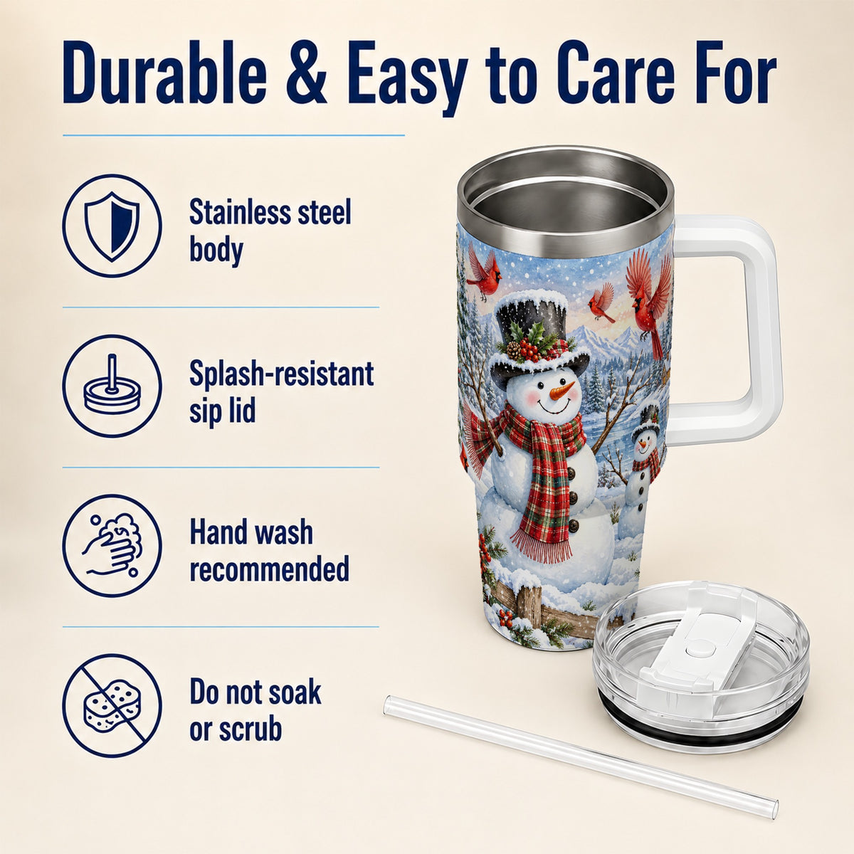 #pl[40oz|White] Snowman Cardinal 40oz Tumbler with Handle, Plaid Winter Stainless Steel Cup