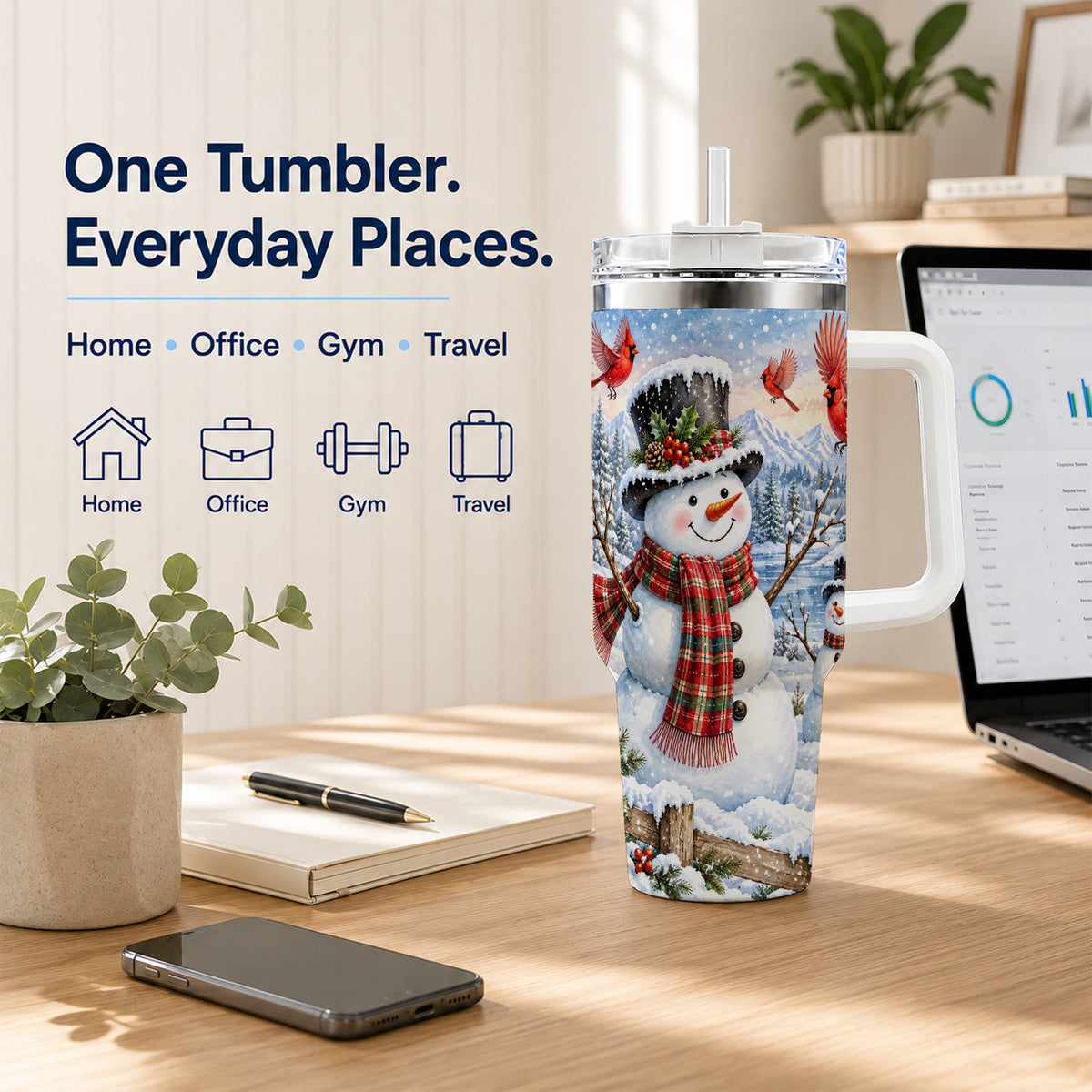 #pl[40oz|White] Snowman Cardinal 40oz Tumbler with Handle, Plaid Winter Stainless Steel Cup
