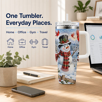 #pl[40oz|White] Snowman Cardinal 40oz Tumbler with Handle, Plaid Winter Stainless Steel Cup