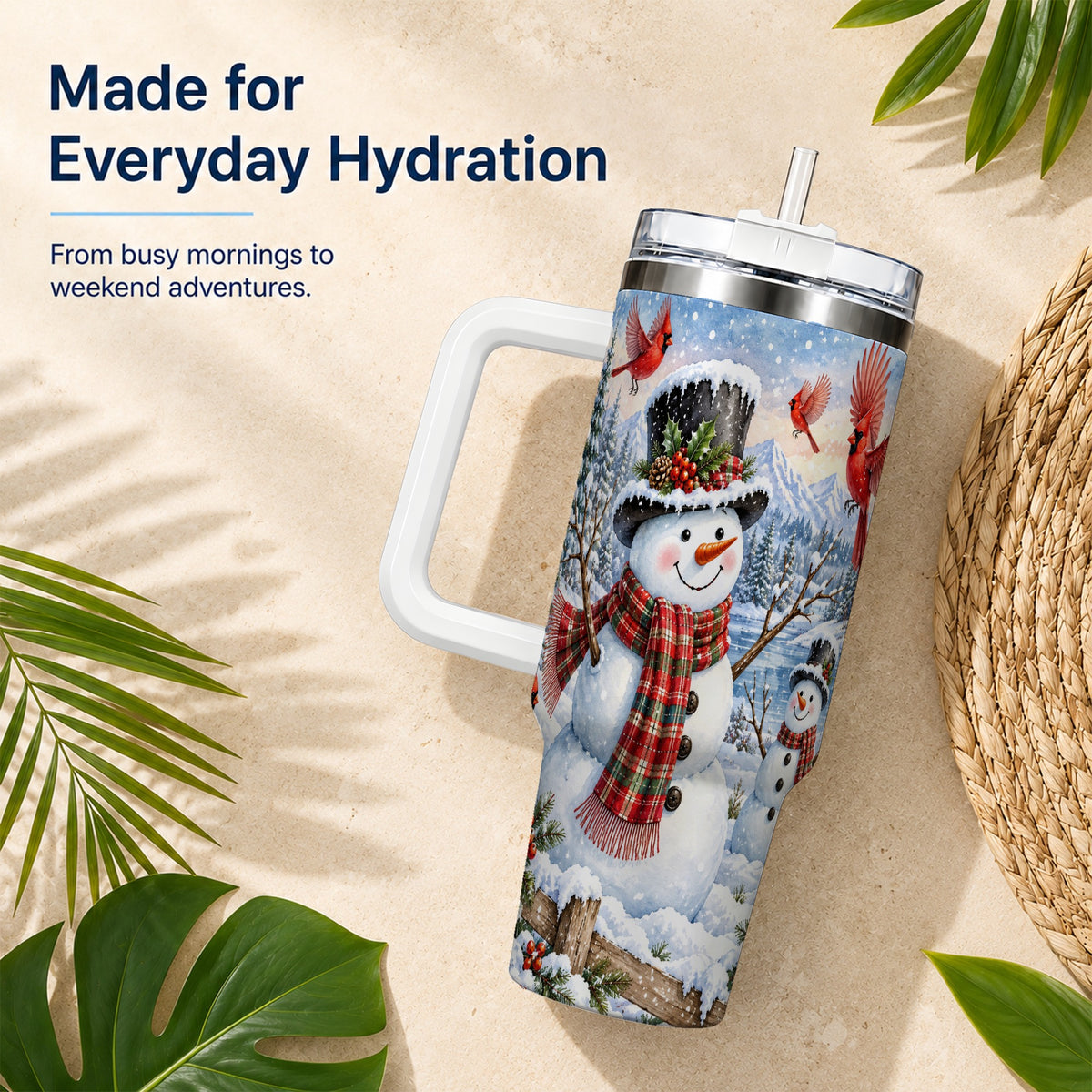 #pl[40oz|White] Snowman Cardinal 40oz Tumbler with Handle, Plaid Winter Stainless Steel Cup
