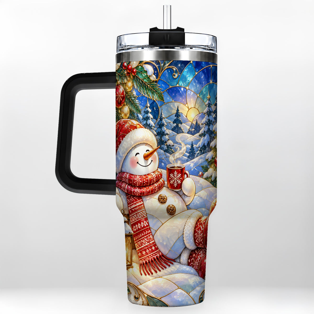 #pl[40oz|Black] Cozy Snowman 40oz Tumbler with Handle, Christmas Stainless Steel Cup