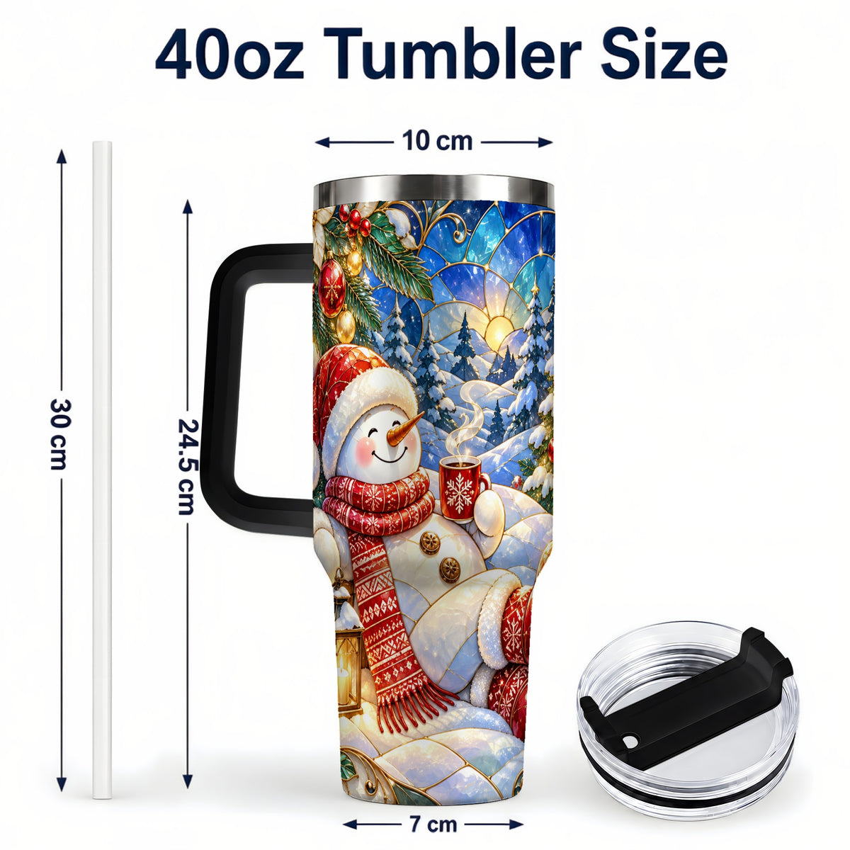 #pl[40oz|Black] Cozy Snowman 40oz Tumbler with Handle, Christmas Stainless Steel Cup