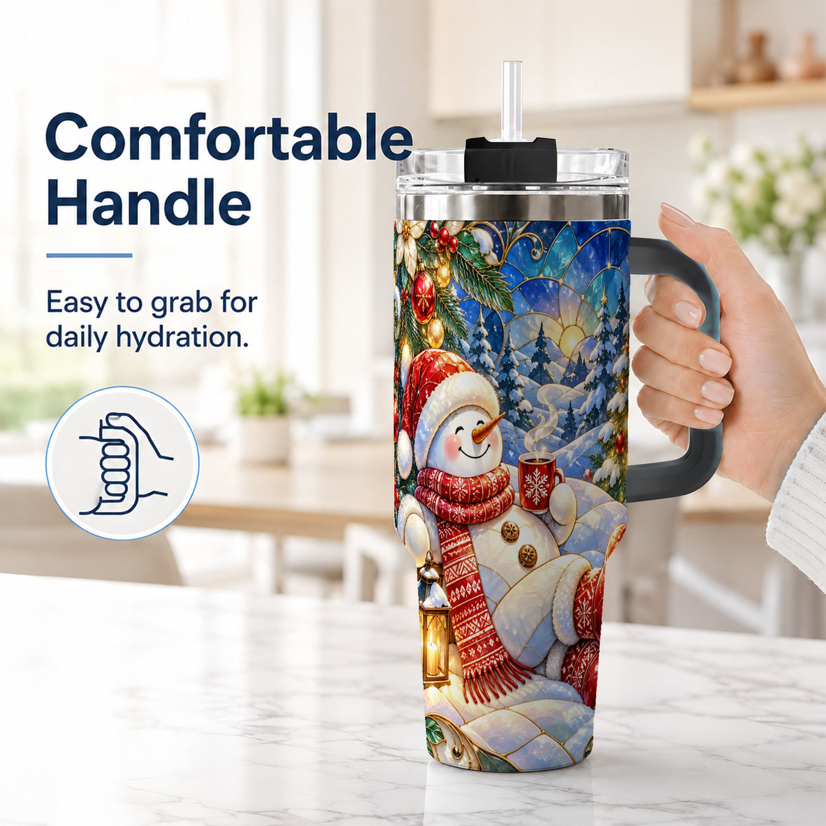 #pl[40oz|Black] Cozy Snowman 40oz Tumbler with Handle, Christmas Stainless Steel Cup