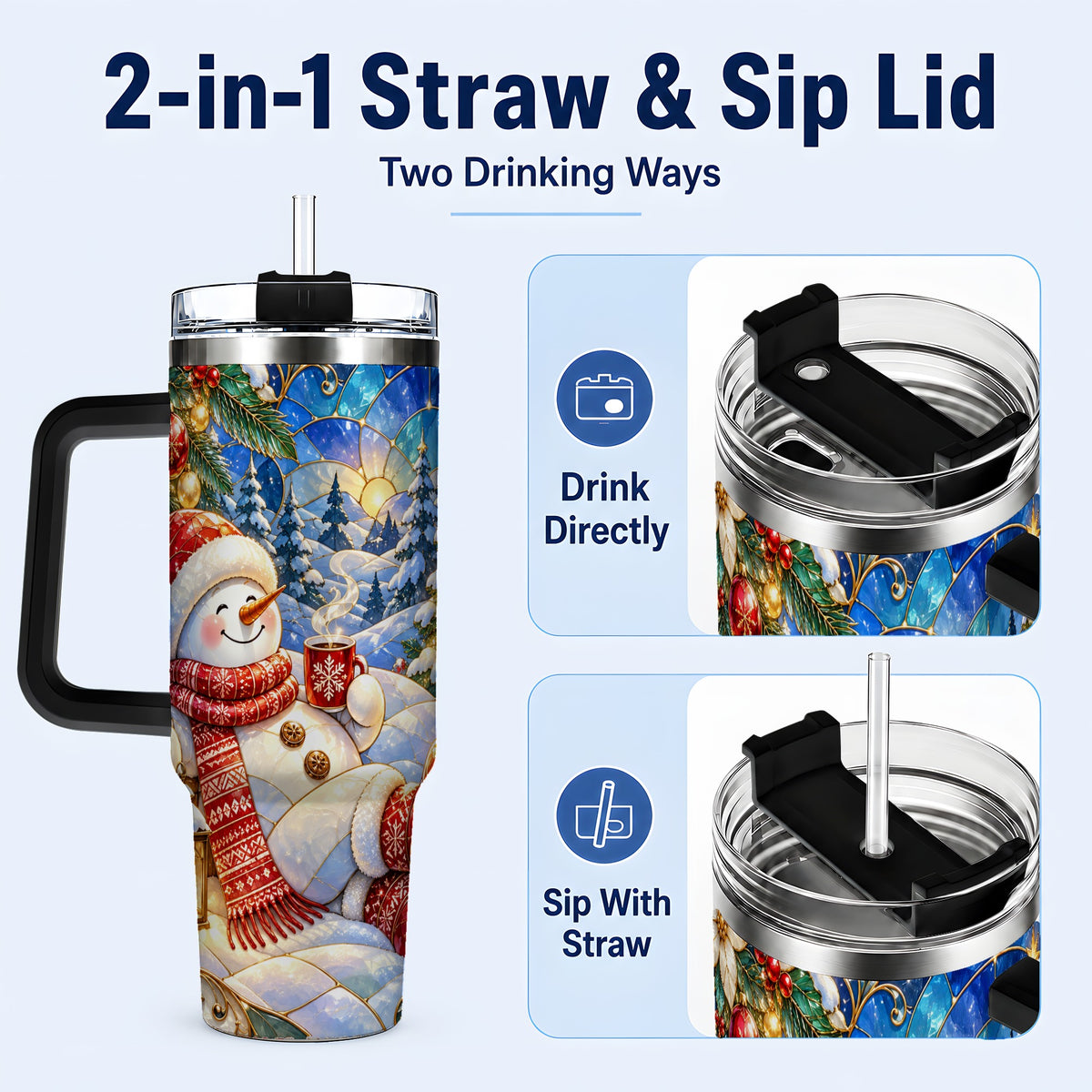#pl[40oz|Black] Cozy Snowman 40oz Tumbler with Handle, Christmas Stainless Steel Cup