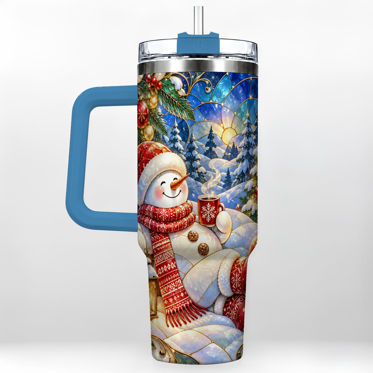 #pl[40oz|Blue] Cozy Snowman 40oz Tumbler with Handle, Christmas Stainless Steel Cup