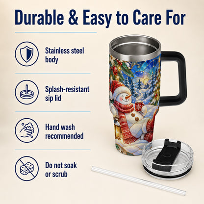#pl[40oz|Black] Cozy Snowman 40oz Tumbler with Handle, Christmas Stainless Steel Cup