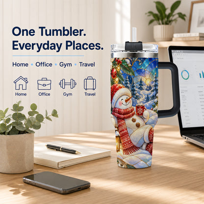 #pl[40oz|Black] Cozy Snowman 40oz Tumbler with Handle, Christmas Stainless Steel Cup
