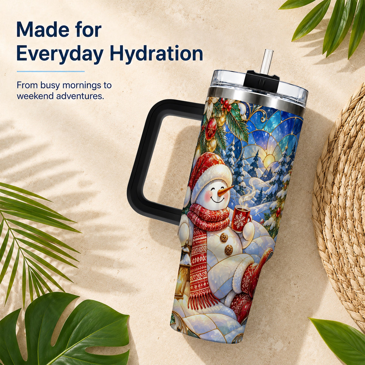 #pl[40oz|Black] Cozy Snowman 40oz Tumbler with Handle, Christmas Stainless Steel Cup