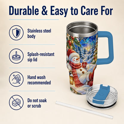 #pl[40oz|Blue] Cozy Snowman 40oz Tumbler with Handle, Christmas Stainless Steel Cup