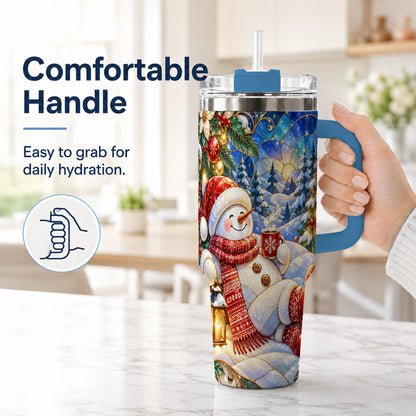 #pl[40oz|Blue] Cozy Snowman 40oz Tumbler with Handle, Christmas Stainless Steel Cup