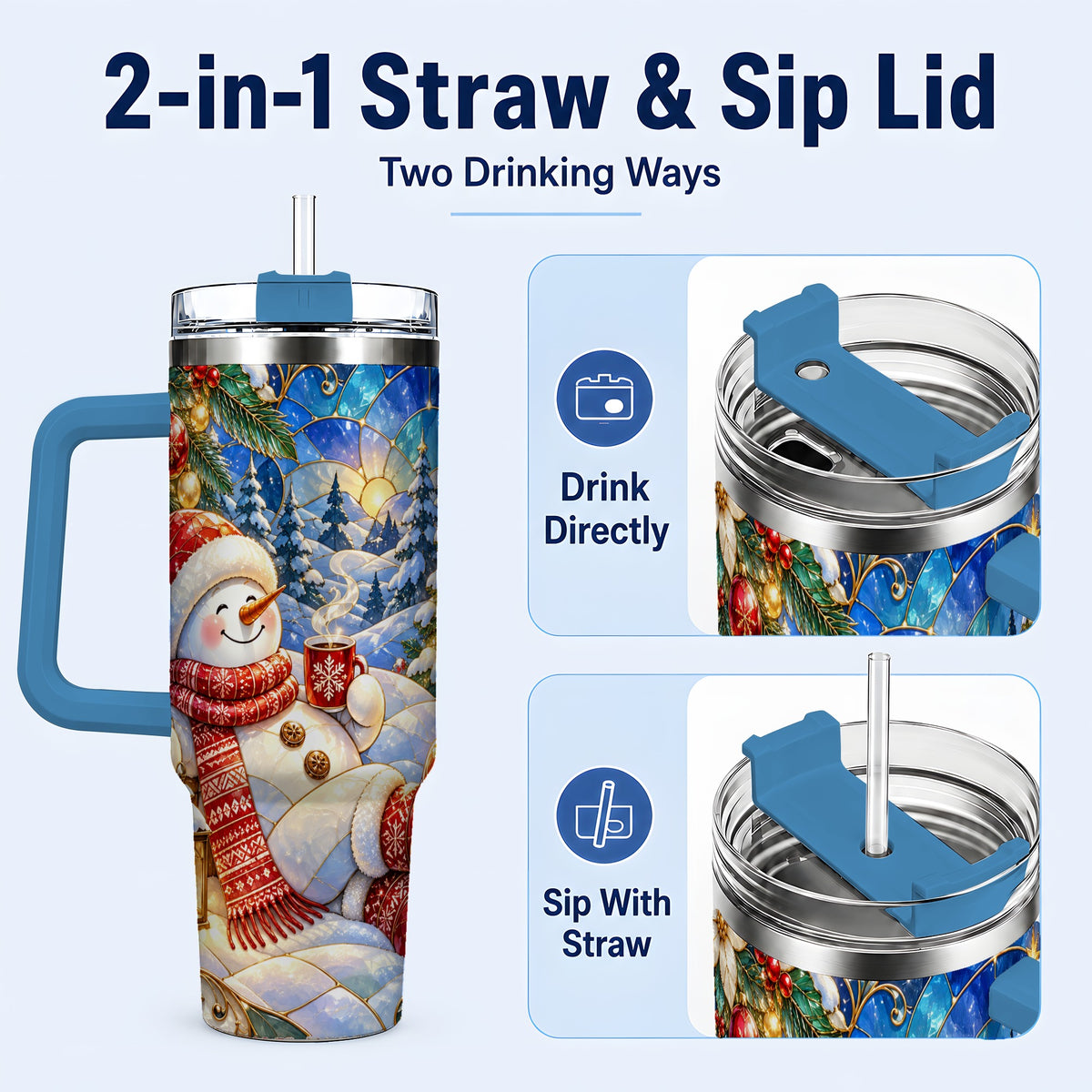 #pl[40oz|Blue] Cozy Snowman 40oz Tumbler with Handle, Christmas Stainless Steel Cup