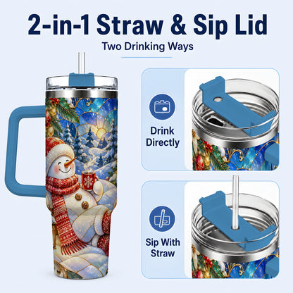 #pl[40oz|Blue] Cozy Snowman 40oz Tumbler with Handle, Christmas Stainless Steel Cup