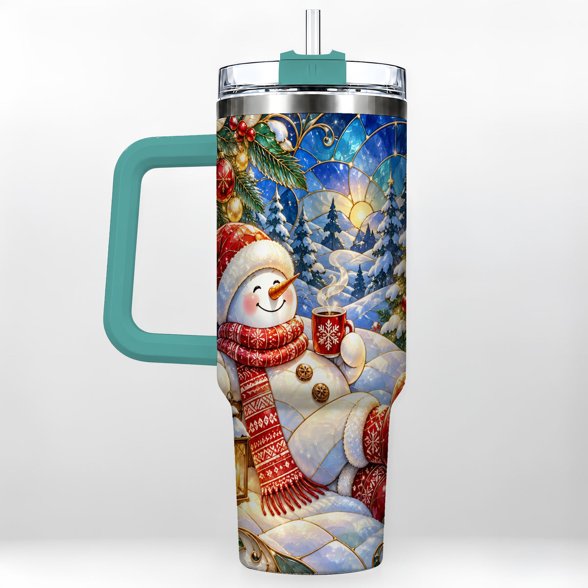 #pl[40oz|Green] Cozy Snowman 40oz Tumbler with Handle, Christmas Stainless Steel Cup