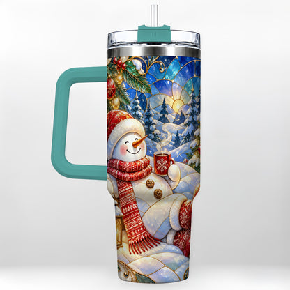 #pl[40oz|Green] Cozy Snowman 40oz Tumbler with Handle, Christmas Stainless Steel Cup