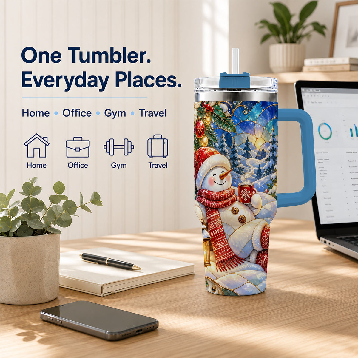 #pl[40oz|Blue] Cozy Snowman 40oz Tumbler with Handle, Christmas Stainless Steel Cup