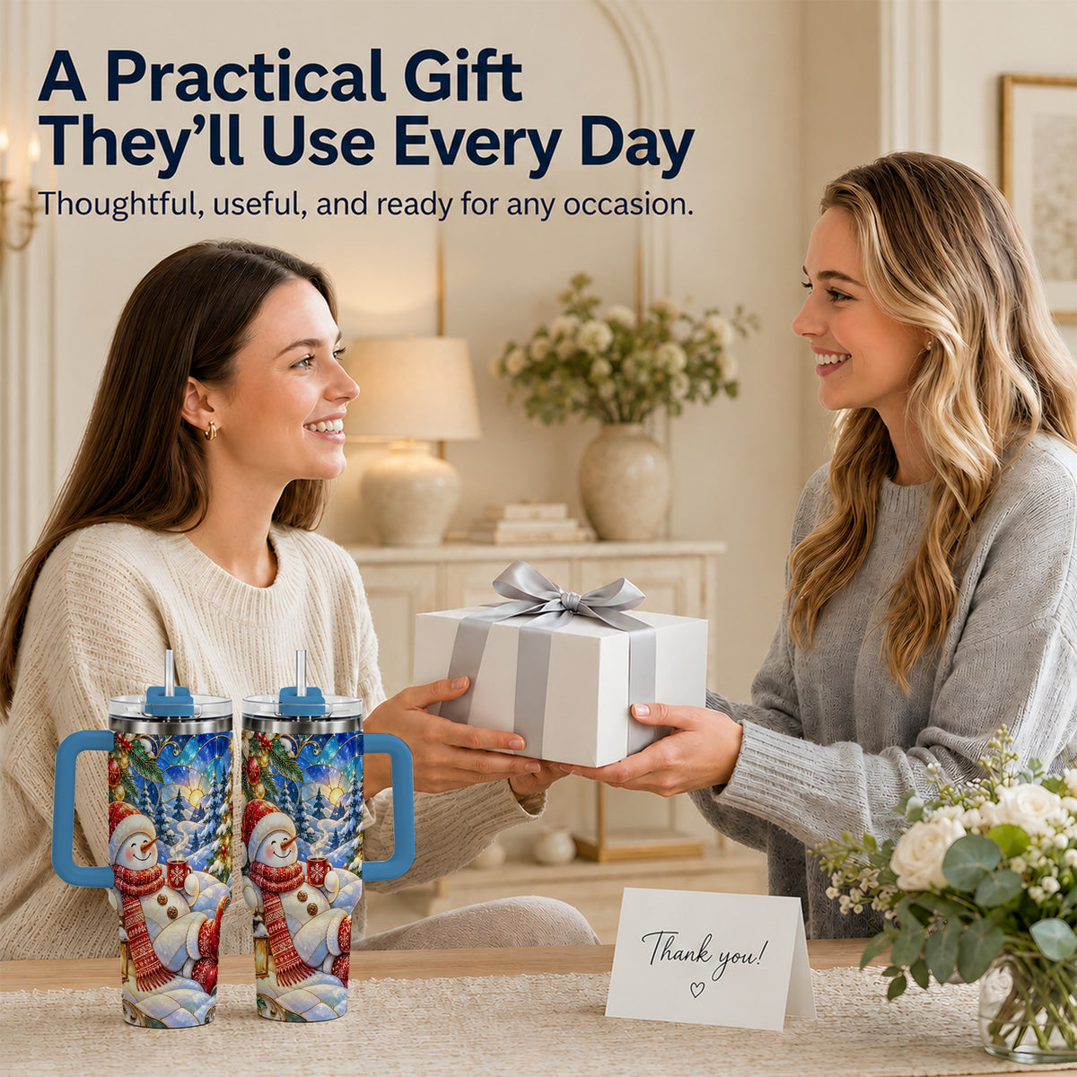 #pl[40oz|Blue] Cozy Snowman 40oz Tumbler with Handle, Christmas Stainless Steel Cup