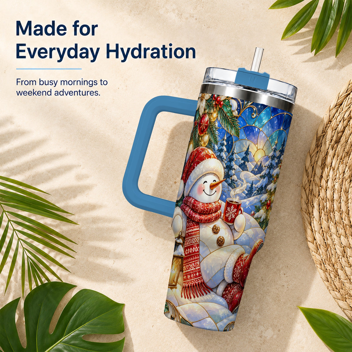 #pl[40oz|Blue] Cozy Snowman 40oz Tumbler with Handle, Christmas Stainless Steel Cup