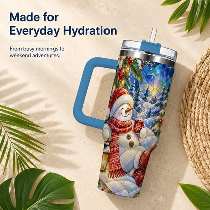 #pl[40oz|Blue] Cozy Snowman 40oz Tumbler with Handle, Christmas Stainless Steel Cup