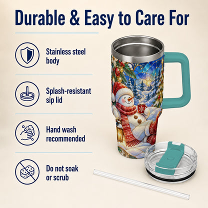 #pl[40oz|Green] Cozy Snowman 40oz Tumbler with Handle, Christmas Stainless Steel Cup