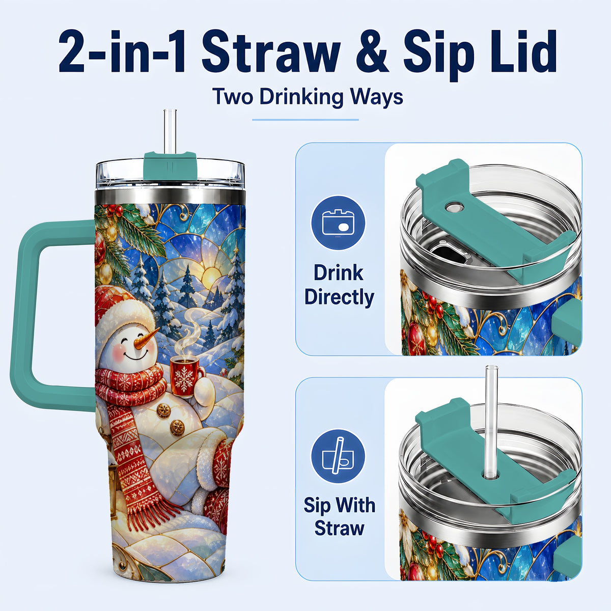 #pl[40oz|Green] Cozy Snowman 40oz Tumbler with Handle, Christmas Stainless Steel Cup