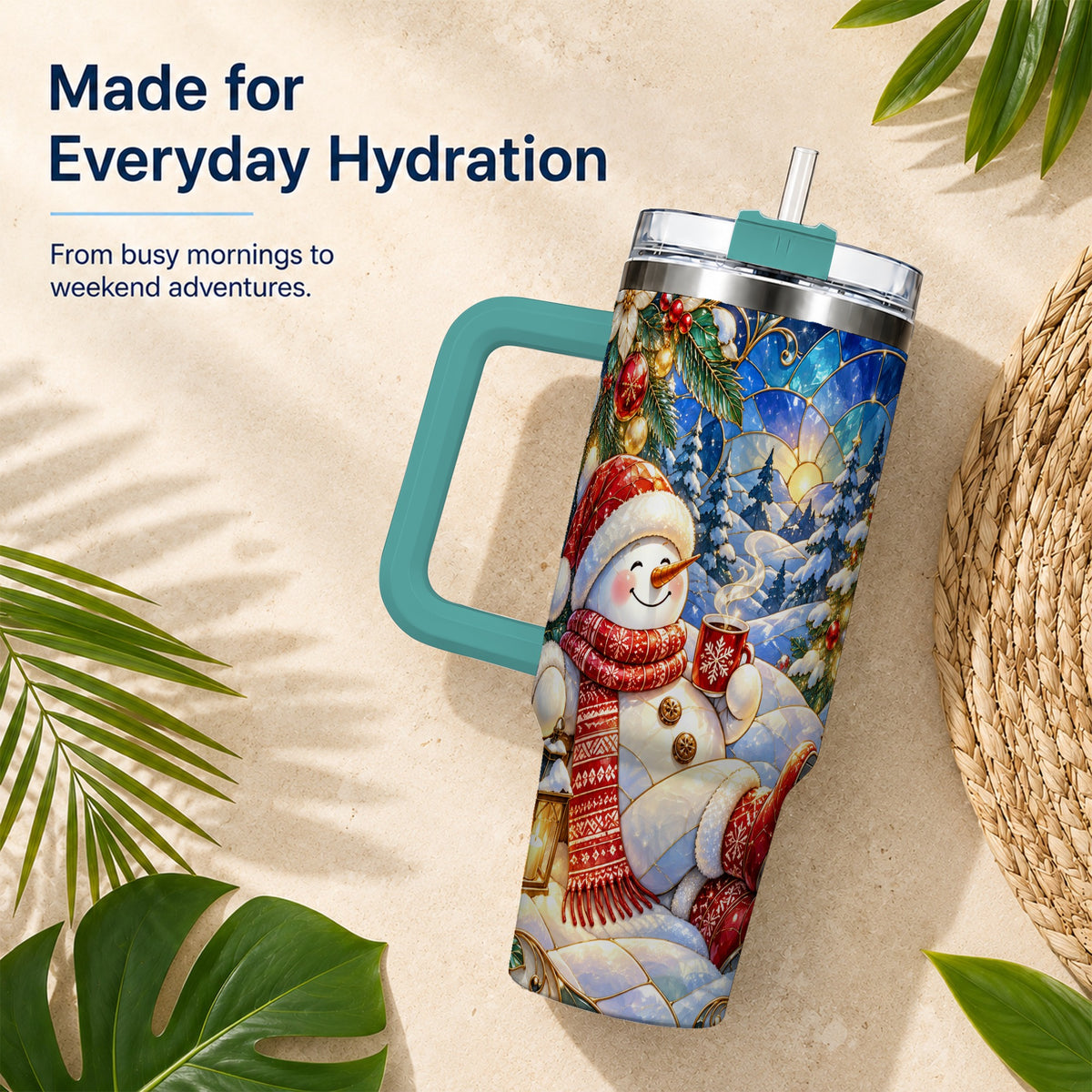 #pl[40oz|Green] Cozy Snowman 40oz Tumbler with Handle, Christmas Stainless Steel Cup
