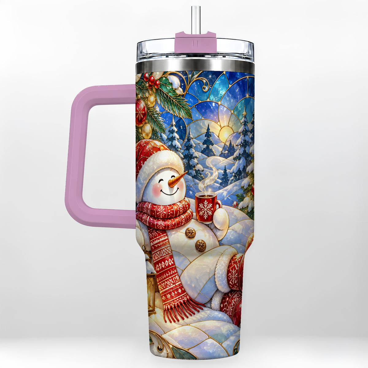 #pl[40oz|Pink] Cozy Snowman 40oz Tumbler with Handle, Christmas Stainless Steel Cup