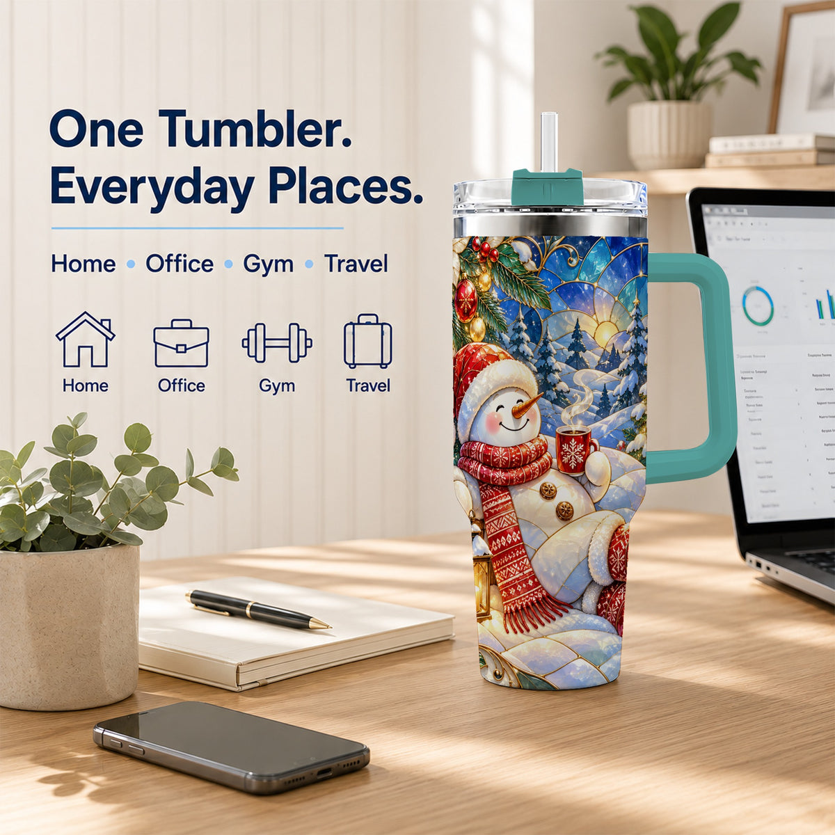 #pl[40oz|Green] Cozy Snowman 40oz Tumbler with Handle, Christmas Stainless Steel Cup