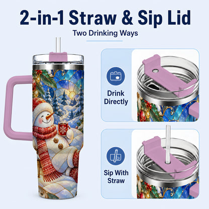 #pl[40oz|Pink] Cozy Snowman 40oz Tumbler with Handle, Christmas Stainless Steel Cup