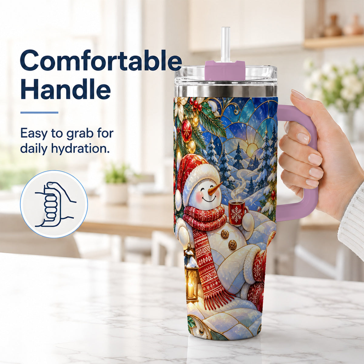 #pl[40oz|Pink] Cozy Snowman 40oz Tumbler with Handle, Christmas Stainless Steel Cup