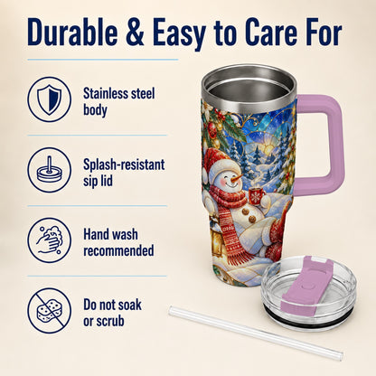 #pl[40oz|Pink] Cozy Snowman 40oz Tumbler with Handle, Christmas Stainless Steel Cup