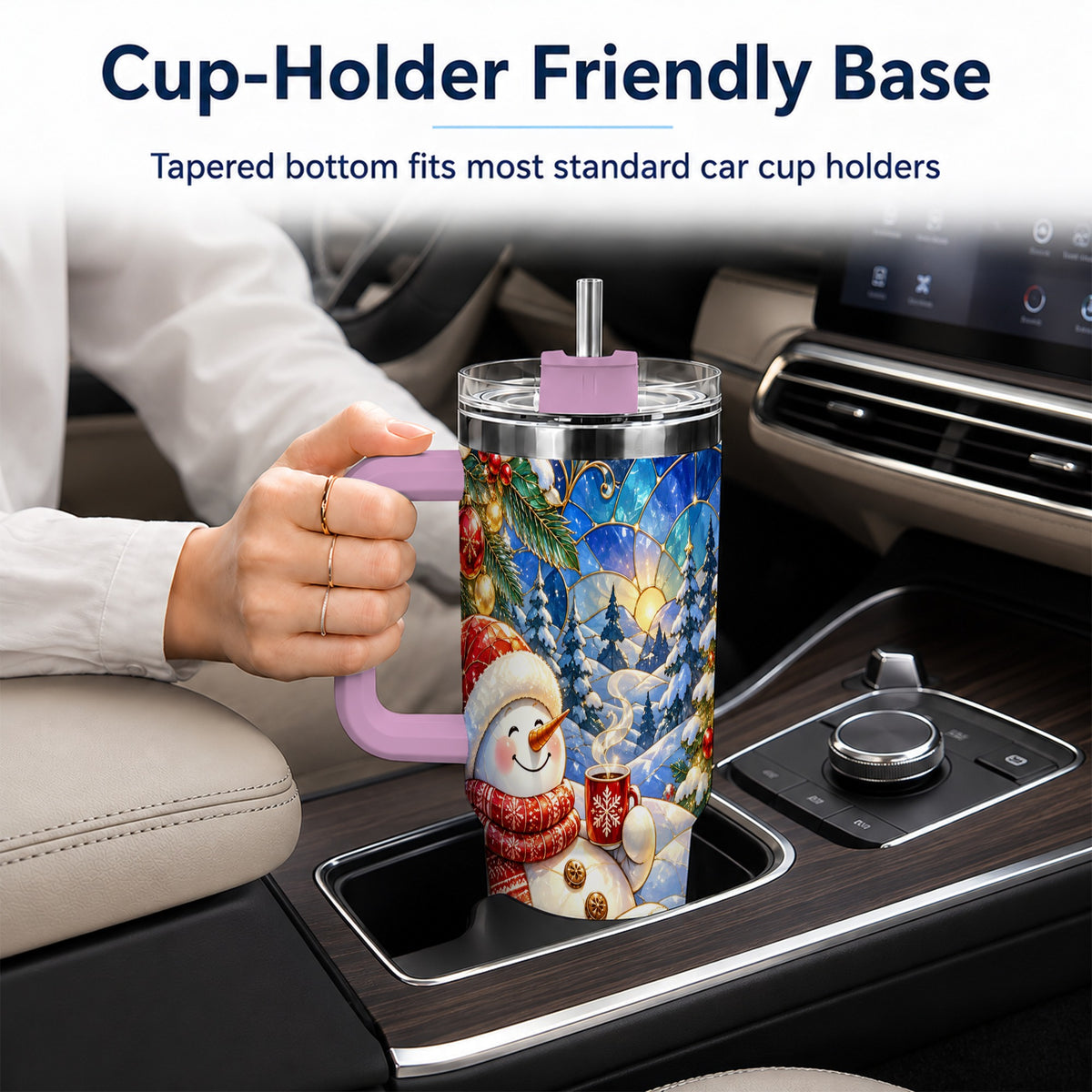 #pl[40oz|Pink] Cozy Snowman 40oz Tumbler with Handle, Christmas Stainless Steel Cup